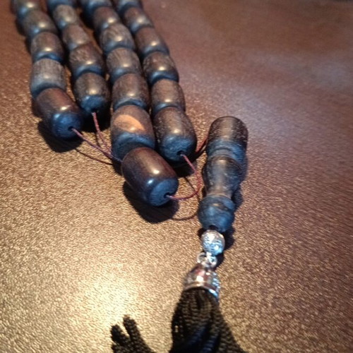 Ebony komboloi with silk tassel, 33 beads