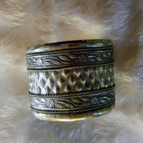Handmade vintage ethnic cuff bracelet, silver tone