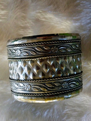 Handmade vintage ethnic cuff bracelet, silver tone