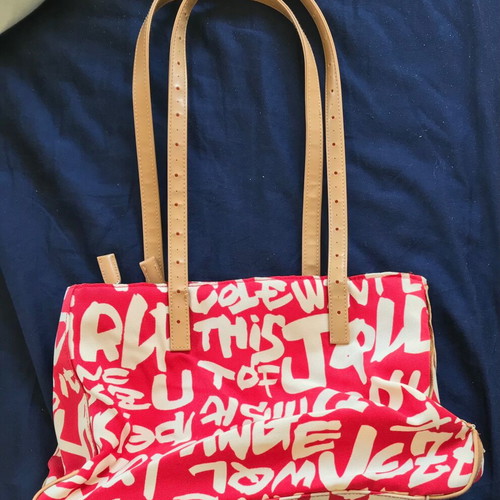 Shoulder bag used, fabric and faux leather, white and red