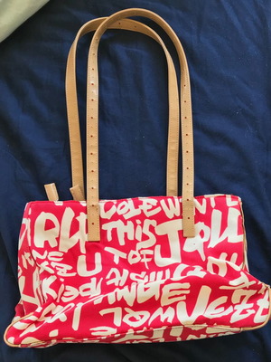 Shoulder bag used, fabric and faux leather, white and red