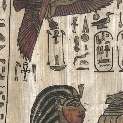 Handmade painting on Egyptian papyrus with frame used, 37cm x 47cm