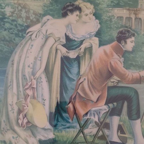 Vintage offset lithograph print of romantic scene, 85×41cm
