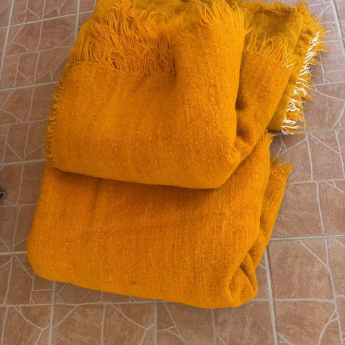 Yellow flokati rugs set of 3 like new, vibrant mustard color