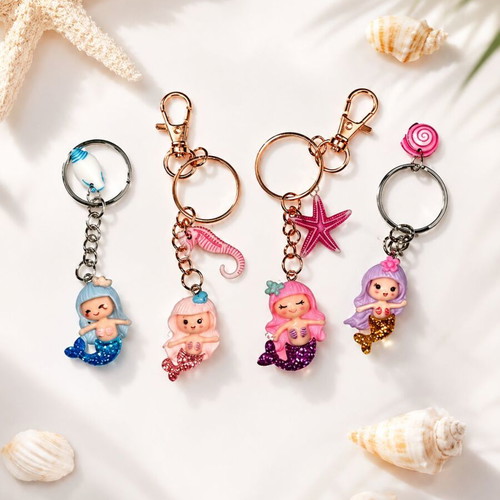 Handmade Mini Glitter Mermaid Keychains in 4 Colors with Summer Charms