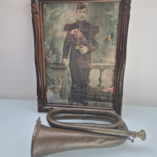 C. Mahillon brass bugle and WW1 infantry signalman portrait