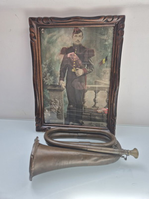 C. Mahillon brass bugle and WW1 infantry signalman portrait