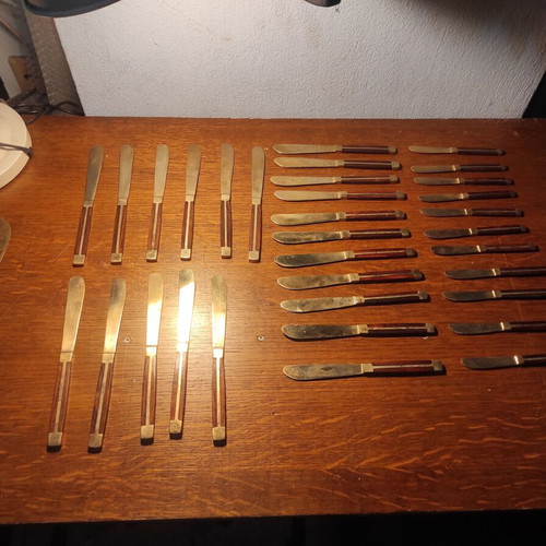 Vintage brass and rosewood cutlery set, 93 pieces, Mid-Century