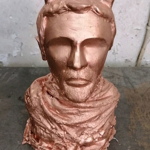 Handmade plaster sculpture with patina, figure with horns 25 cm