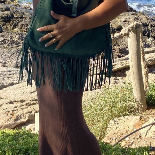 Large green suede leather shoulder bag