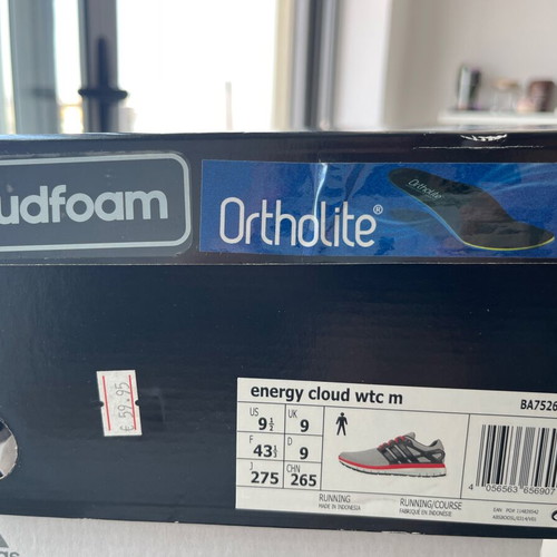 Adidas grey athletic shoes with red details, size 43 1/3