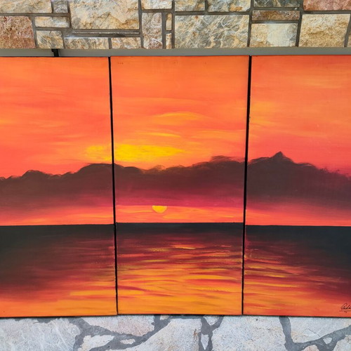 Canvas painting triptych used, romantic, acrylic on wood frame