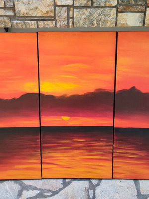 Canvas painting triptych used, romantic, acrylic on wood frame