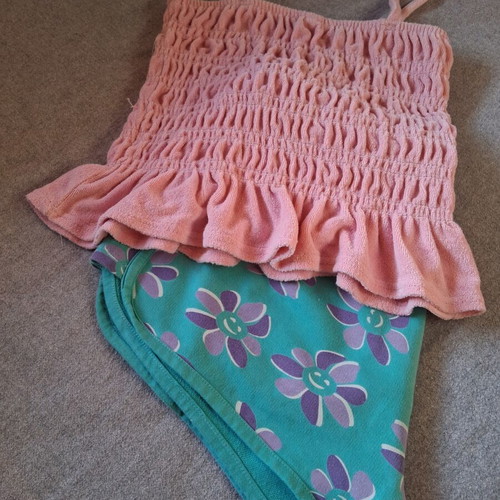 Girls' set like new, pink and green, terry fabric bustier