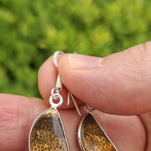 Fossilized Coral Earrings with Opal Finish, Handmade, 925 Silver Plated, new