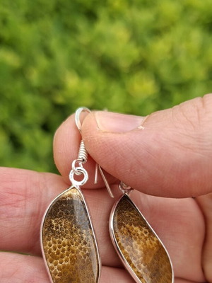 Fossilized Coral Earrings with Opal Finish, Handmade, 925 Silver Plated, new