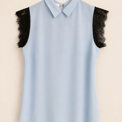 DejaVu blue blouse with black lace, size M, like new