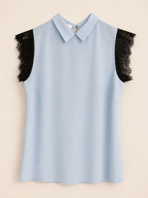 DejaVu blue blouse with black lace, size M, like new