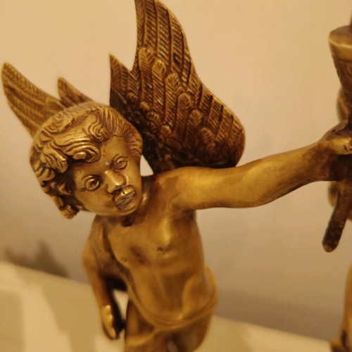 Bronze antique statues pair like new, winged angels with torches 1820