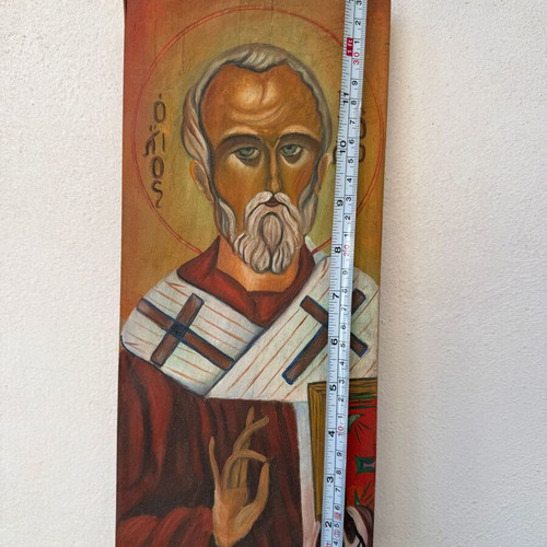 Handmade Saint Nicholas Icon on Natural Wood used, Georgantea