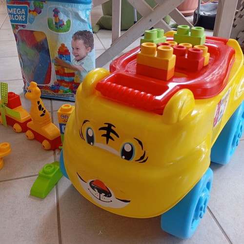 Clementoni baby walker with Mega Blocks and train toy used