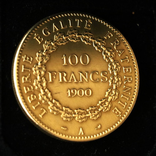 Case with 24K gold-plated 100 Francs French coin new, year 1900