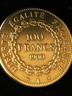 Case with 24K gold-plated 100 Francs French coin new, year 1900