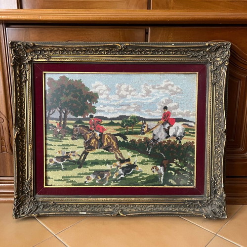 Vintage Gobelin Embroidered Hunting Scene with Baroque Frame 51x62 cm like new