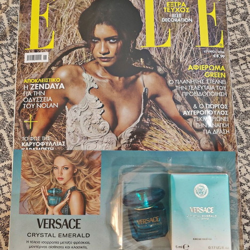 Elle June 2026 magazine with sealed Versace Crystal Emerald mini perfume