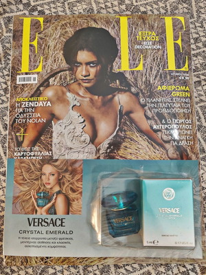 Elle June 2026 magazine with sealed Versace Crystal Emerald mini perfume
