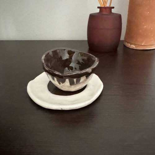 Handmade ceramic espresso cup with plate, new, cream and brown