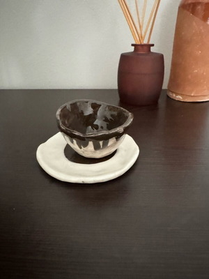 Handmade ceramic espresso cup with plate, new, cream and brown
