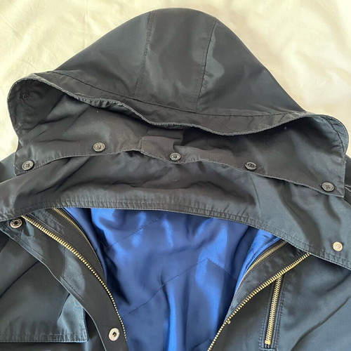 Zara black parka with blue satin lining and detachable hood size L