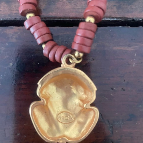 Inca statement boho necklace with terracotta beads and frog pendant like new