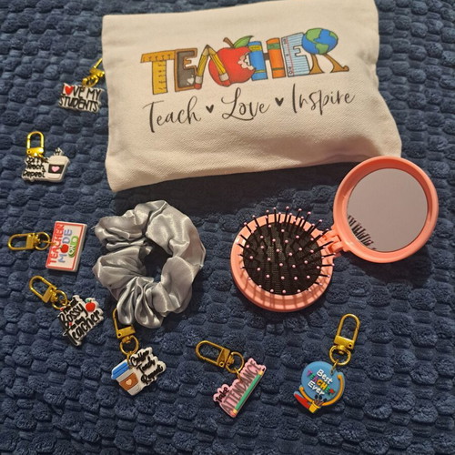 Teacher Gift Set fabric pouch with brush, mirror, hair tie and keychain