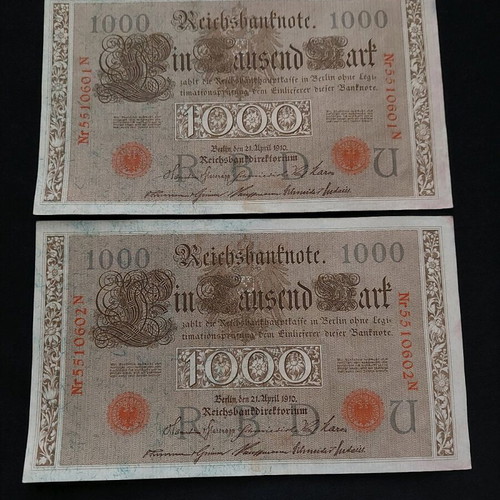 1000 Mark 1910 banknotes used, set of 2 from Germany