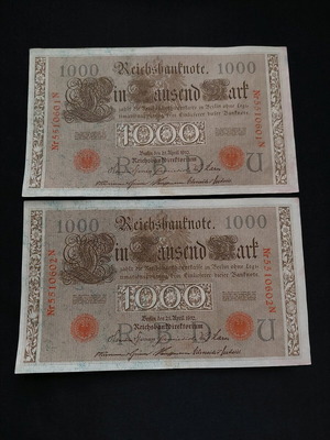 1000 Mark 1910 banknotes used, set of 2 from Germany