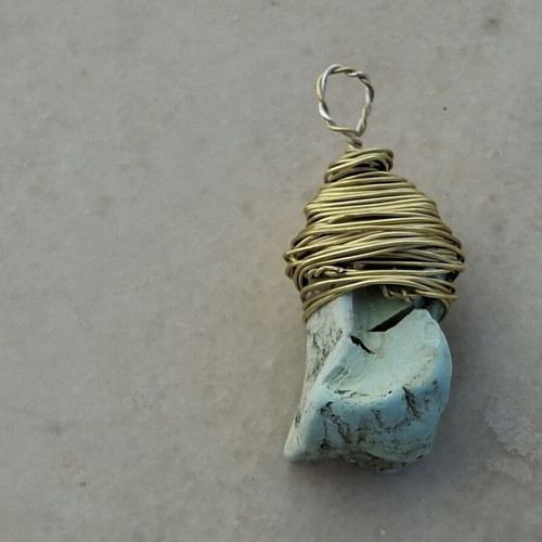 Handmade Turquoise Stone Pendant with Brass Wire