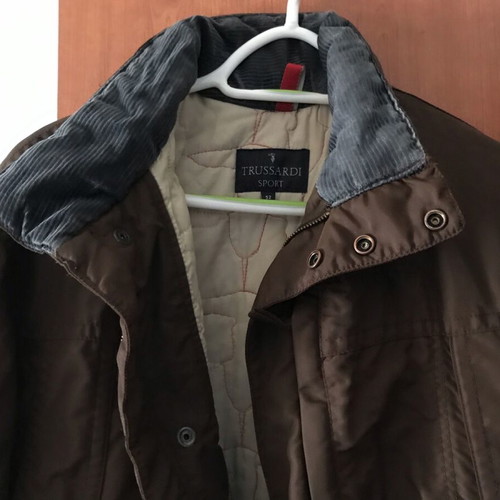 Trussardi men's jacket used, brown with blue rib collar
