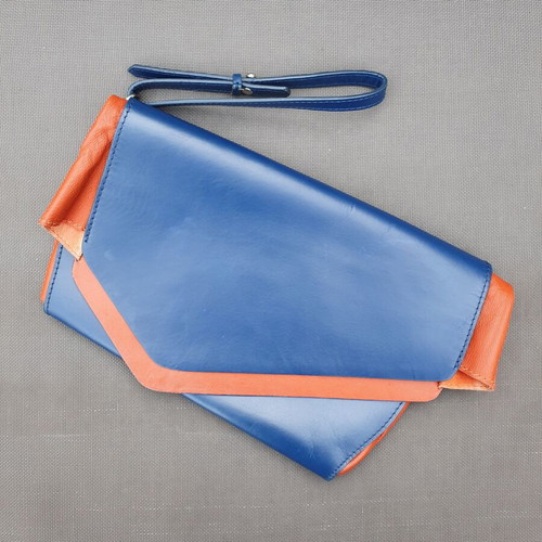 Zara genuine leather envelope clutch bag, blue and orange