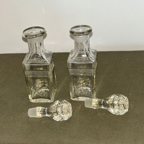 Vintage glass bottles set of 2 with embossed stoppers