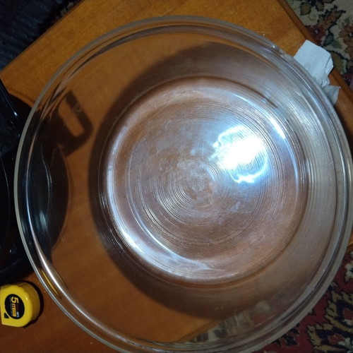Pyrex with metal base used, diameter 33 cm, height 16.5 cm