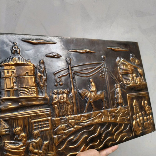 Vintage copper handmade relief wall art used
