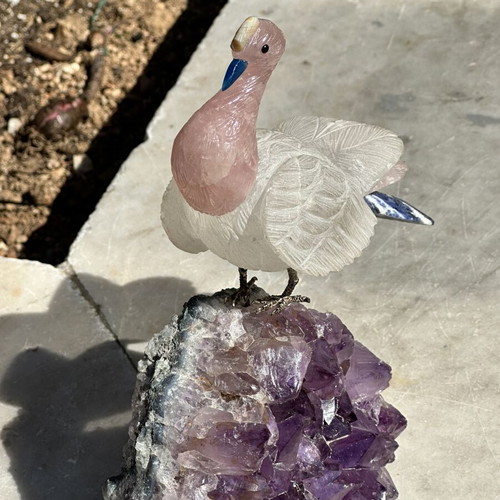 Handmade decorative bird from quartz on raw amethyst, used, 20x15 cm