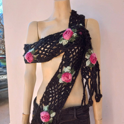 Handmade black scarf with embossed roses new