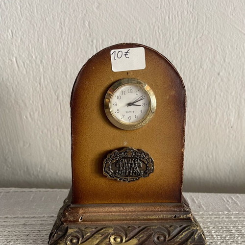 Vintage tabletop clock used, leather and carved wood