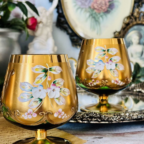 Vintage set of 6 green crystal glasses with gold decoration