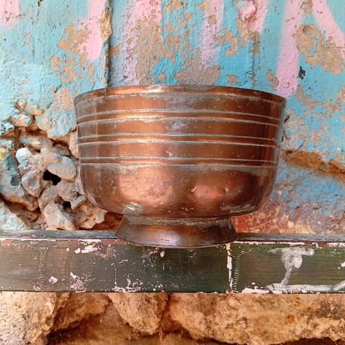 Persian copper bowl 19th century used, hammered with inscription