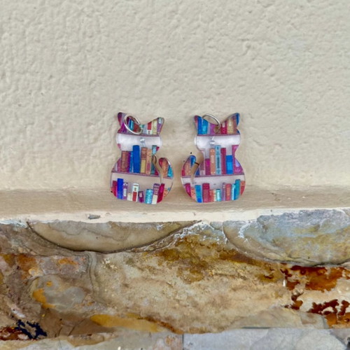 Cat earrings new, colorful acrylic with book design