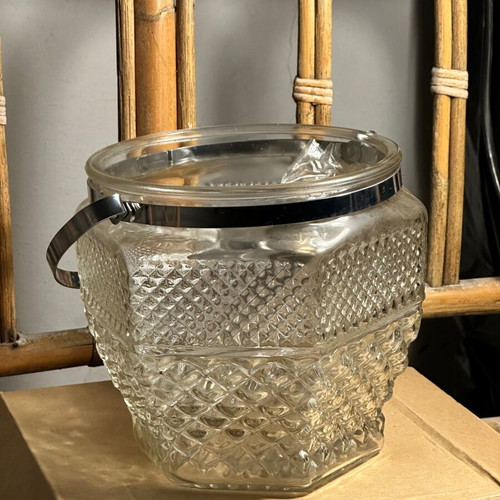 Glass ice bucket used with silver rack and engraved design